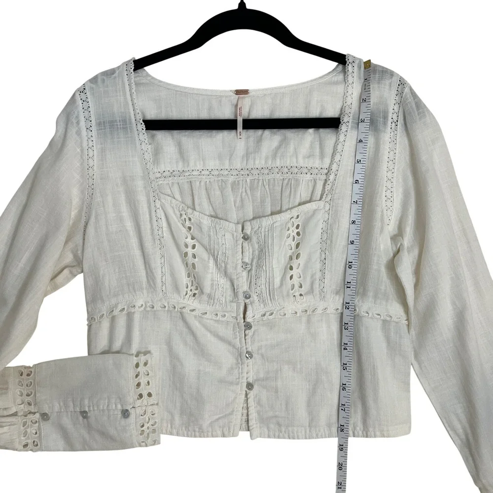 Free People Cotton Cropped Eyelet Joi Blouse SZ M Milkmaid‎ Cottagecore Dainty